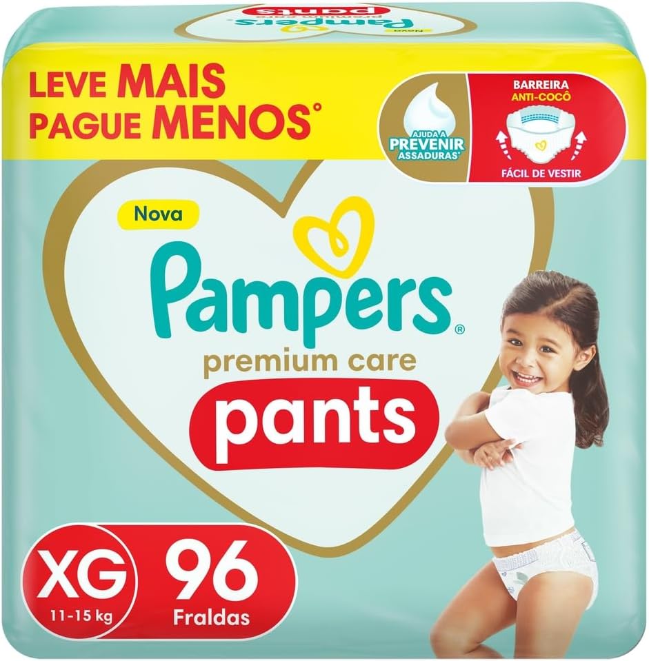 Fralda Pampers Premium Care Pants Tamanho XG  Fácil de Vestir  96 Unidades