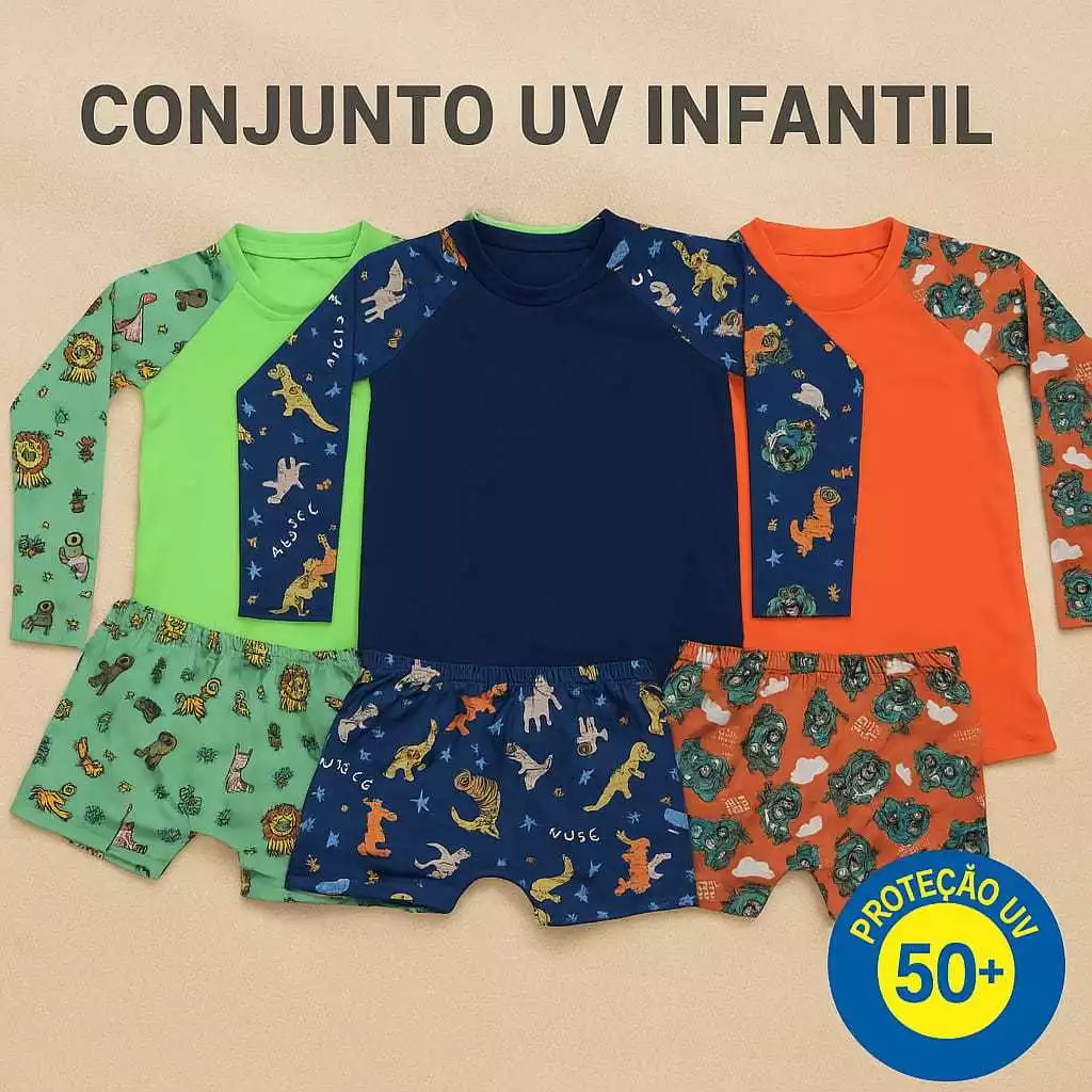 Conjunto Infantil Menino Camisa UV Manga Longa   Sunga Boxer para Praia Piscina