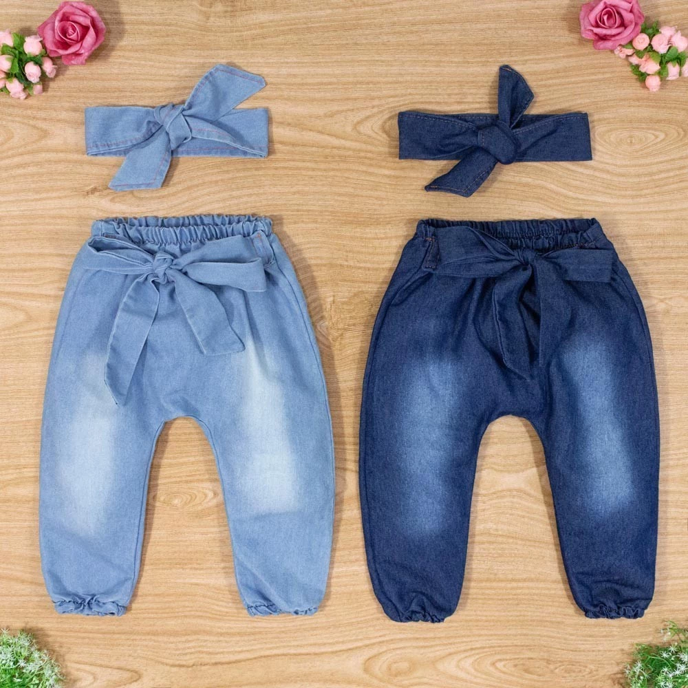 Kit Calça Jeans e Faixinha para Bebê Menina Roupa Infantil até 12 Meses