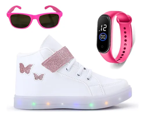 Kit Tênis Botinha Infantil Borboleta Menina   Oculos Relogio