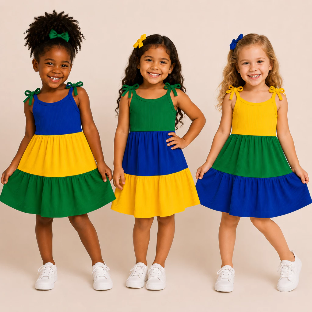 Vestido Infantil menina Brasil Multicolorido Alça De Amarrar Moda Verão estiloso