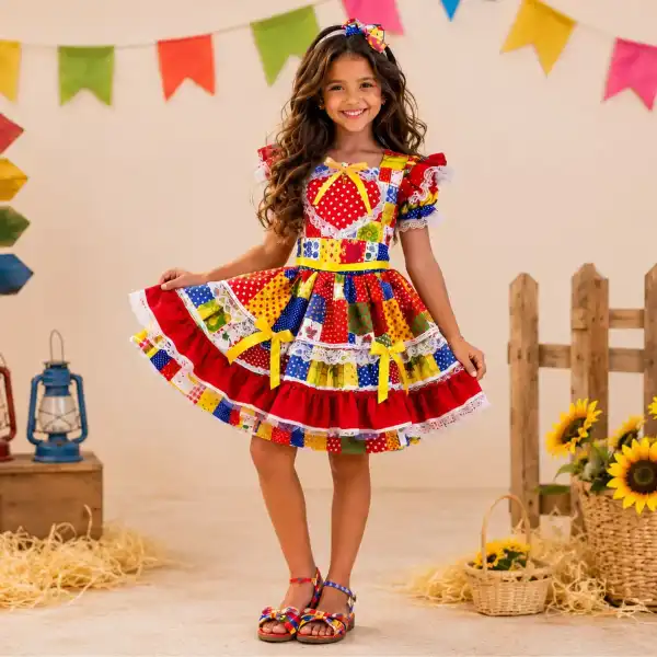 Vestido Festa Junina Infantil Xadrez Laços Rodado Babadinho