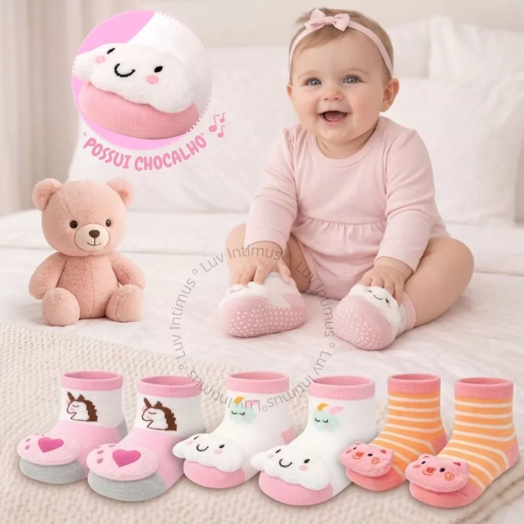 Kit 12  6 ou 3 Pares de Meias Bebê Menina com Chocalho Sensorial Pelúcia no Pé A...