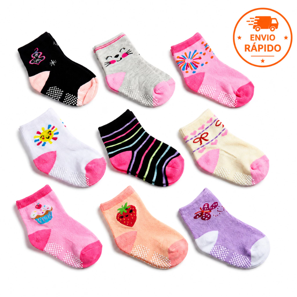 Kit 18 Meias Infantil Menina Algodão Bebê Antiderrapante Crianças Femininas