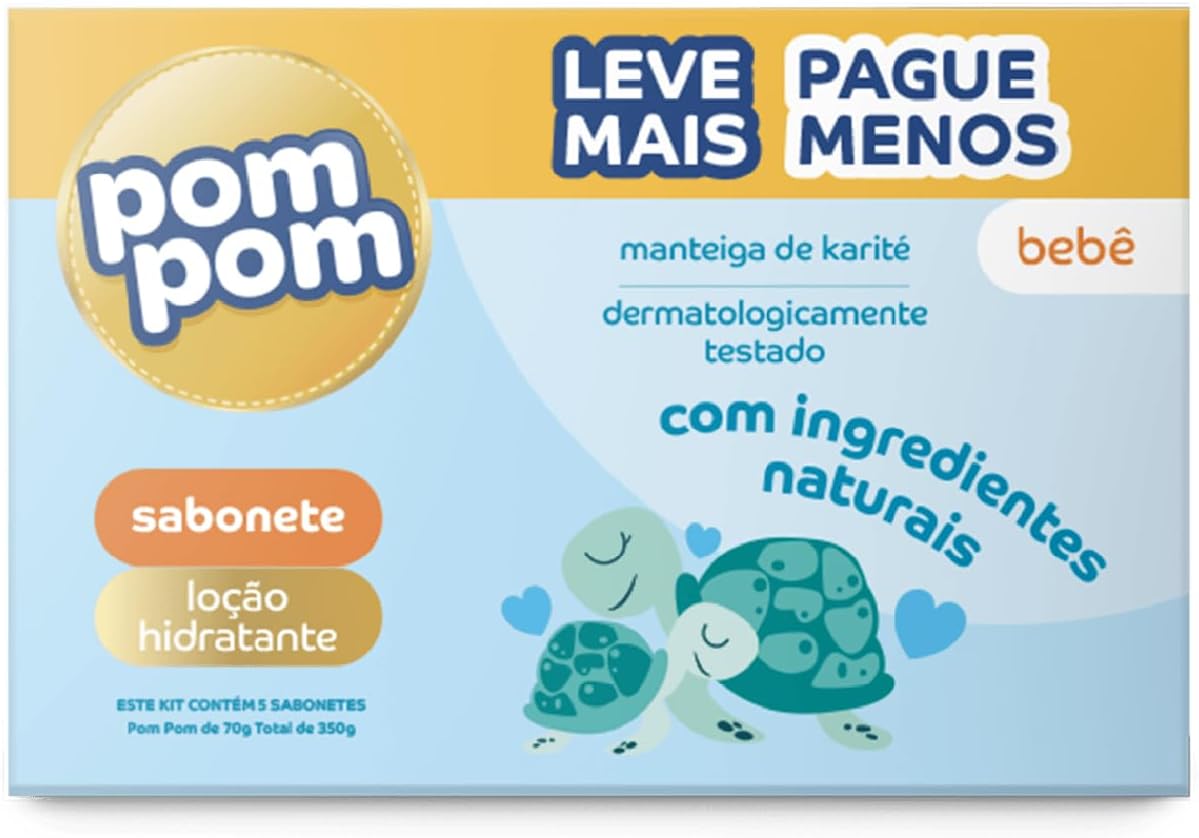 Kit Sabonete em Barra Pom Pom Loção Hidratante com 5 unidades de 70g cada
