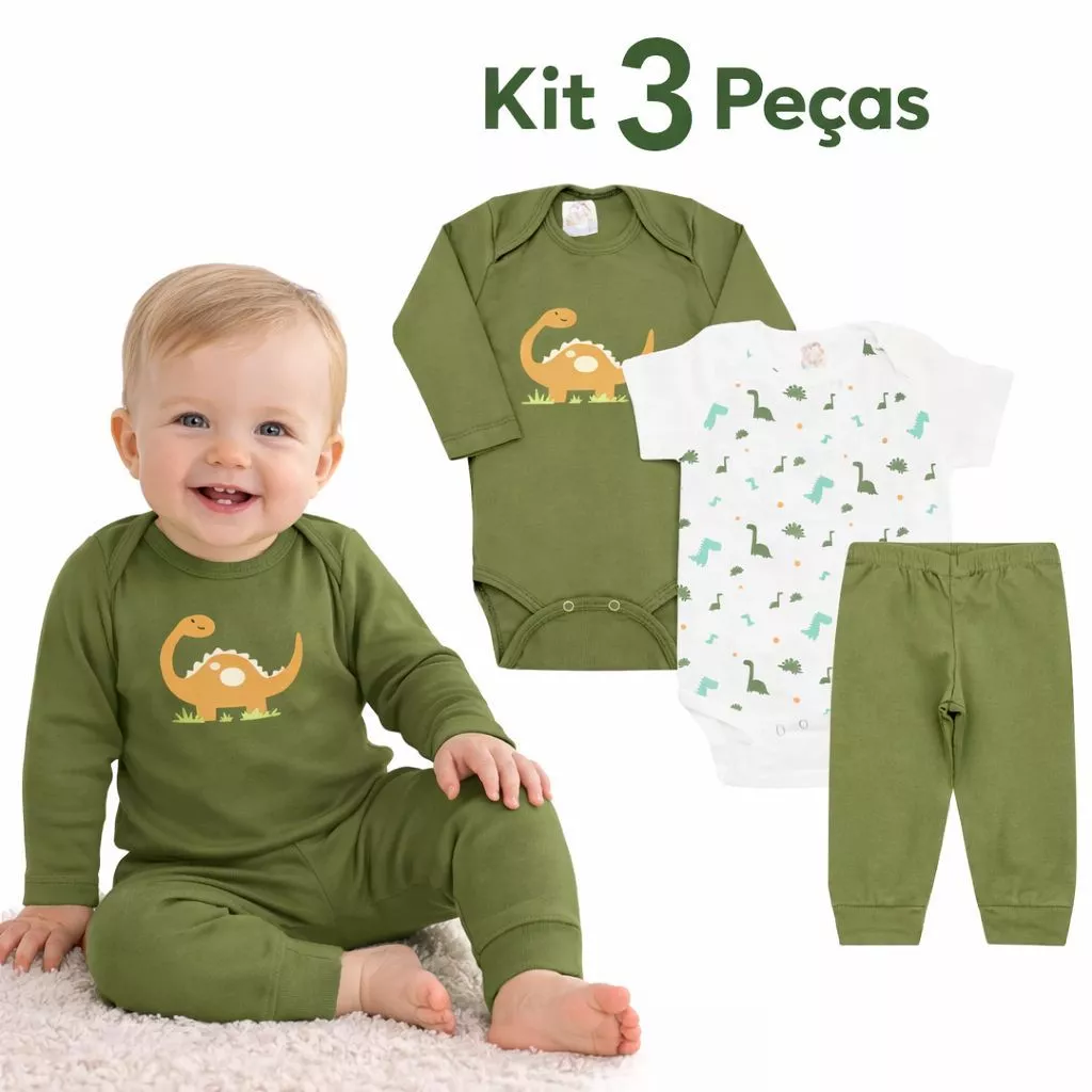 Kit Body Roupa para Bebê Kit 3 Peças Longo Menino Inverno Verão Dino Verde Elega...