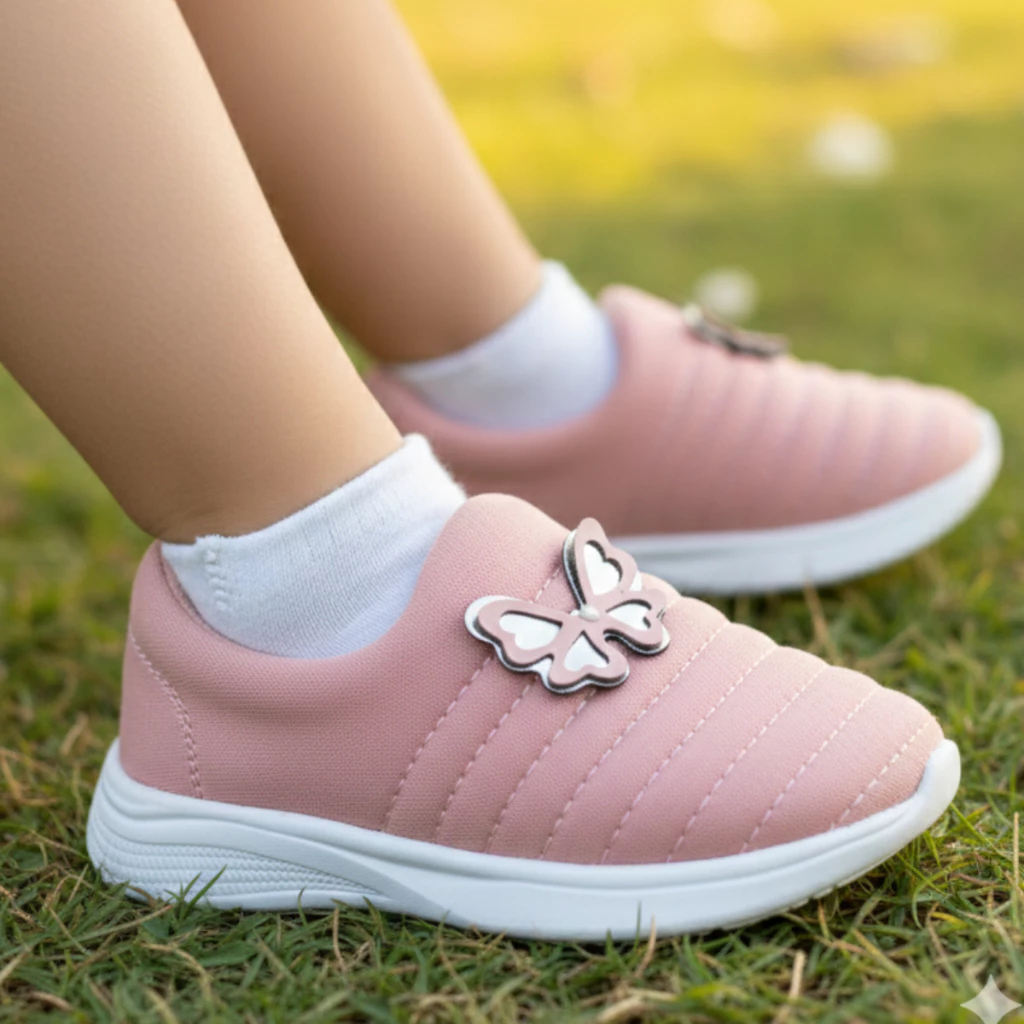 Tênis Infantil Menina Calce Fácil Flexível Rosa ou Preto com Borboleta Escolar V...