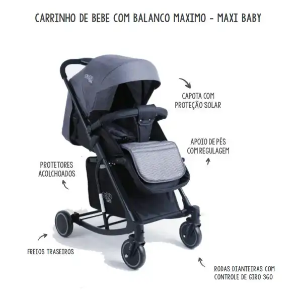 Carrinho De Bebê Passeio 2 em 1 Vira Balanço Maximo, Preto - Maxi Baby