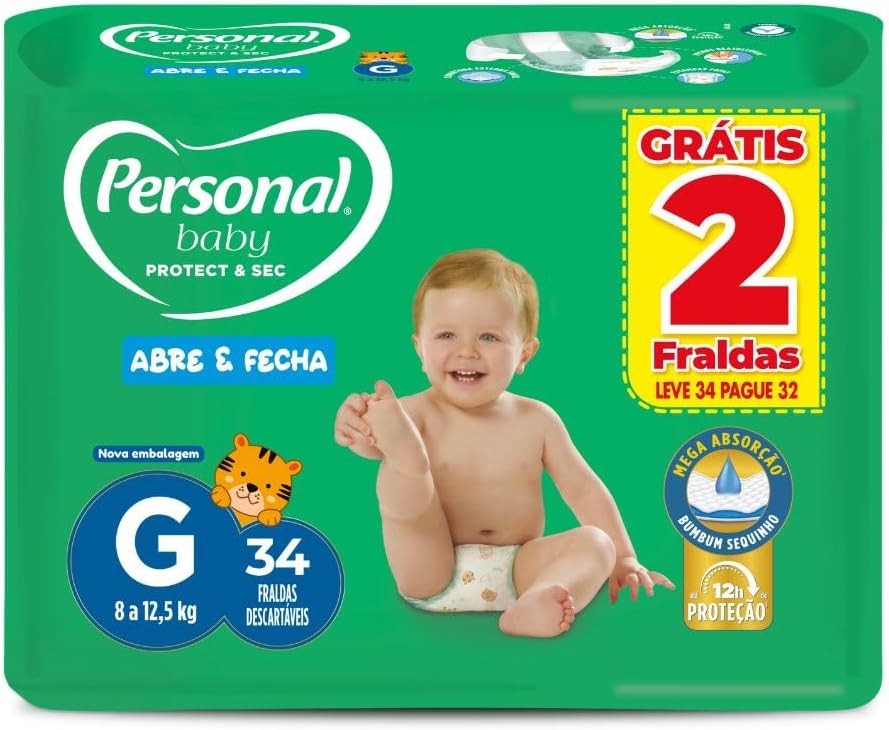 Fralda Infantil Personal Baby Protect e Sec G Mega 9x34pads Leve 34 pague 32 Uni...