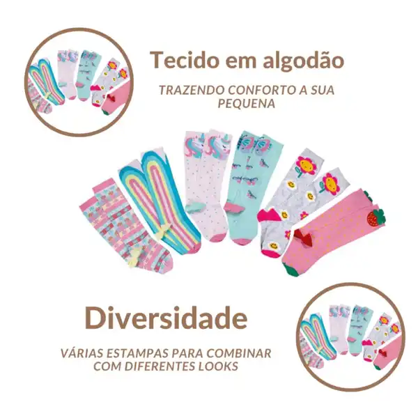 Kit de 6 meias para galochas com estampas sortidas para meninas