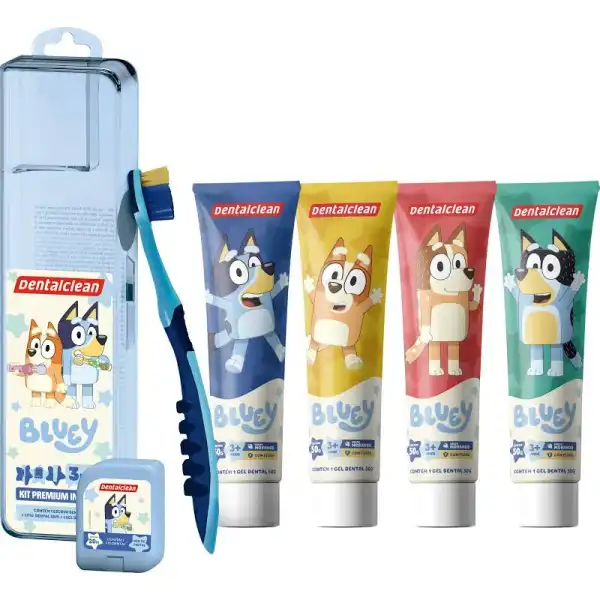 Kit Infantil Dentalclean Bluey Escova Macia Gel com Flúor 50g