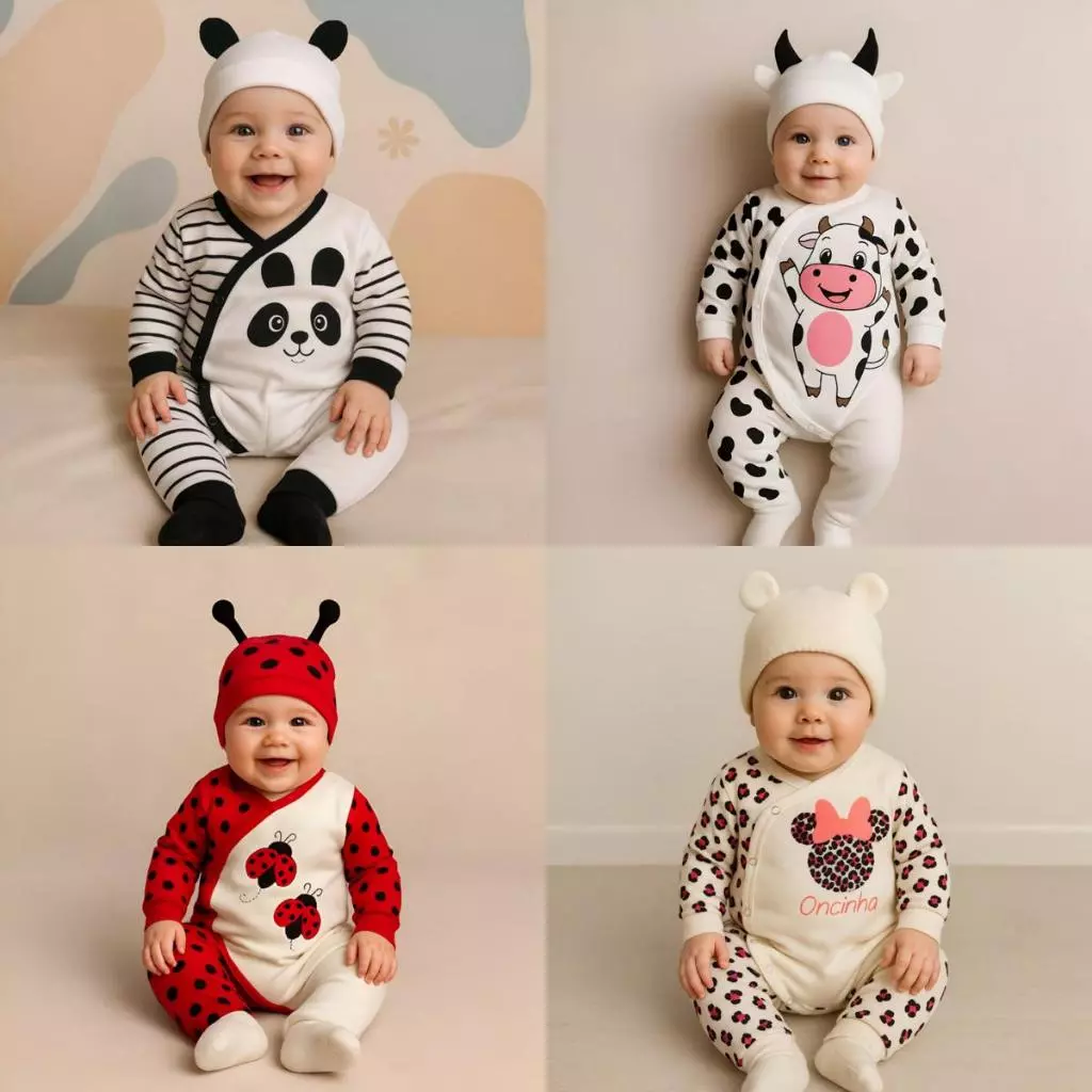 Macacão Bebê Bichinhos Touca Kit 2 Peças Inverno manga longa