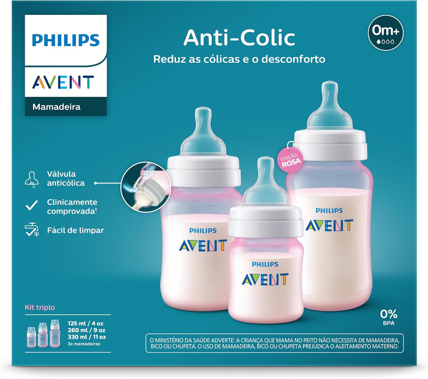 Kit Triplo Mamadeira Anti-Colic Philips Avent SCY119 19 125ml 260ml 330ml Ro...