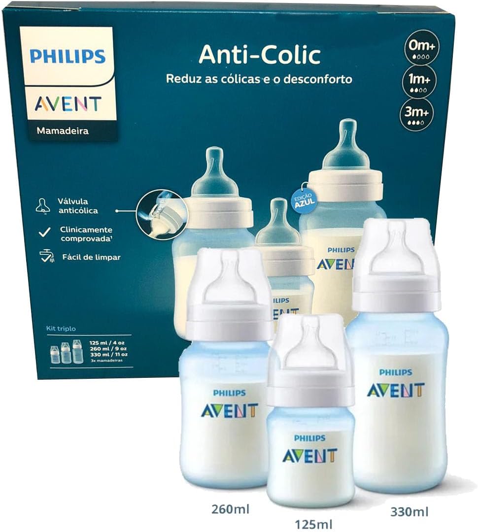Kit Triplo Mamadeira Anti-Colic Philips Avent 125ml 260ml 330ml Azul