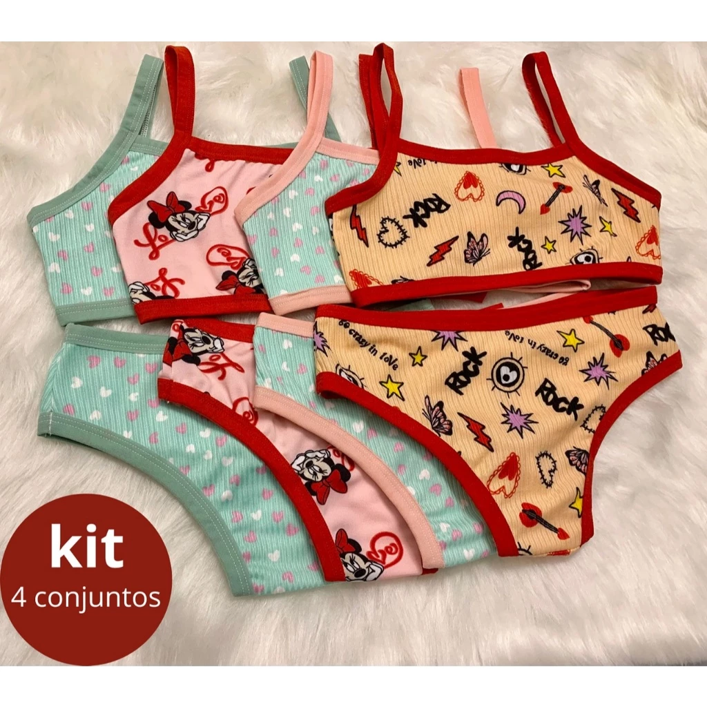 Kit 4 Conjuntos Infantis Menina Moça Top e Calcinha - Suede Estampado 1 a 12 an...
